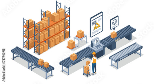 Isometric warehouse automation with conveyor belts and package sorting