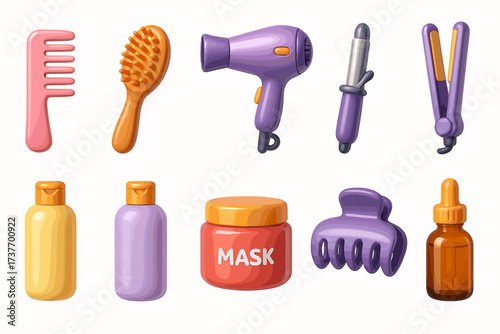 A set of icons related to hair care. Everything is stylized in bright colors (purple, yellow, orange) on a white background.