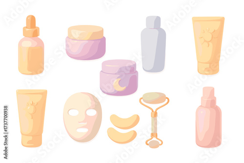 A set of 3D icons representing skin care products and tools.