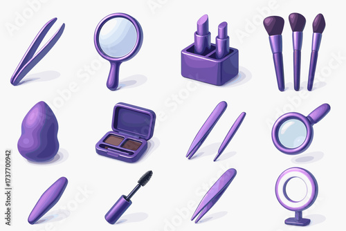 A set of icons in pink and blue colors representing cosmetics and makeup tools.