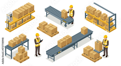Warehouse workers loading and checking boxes on conveyor belts in isometric style
