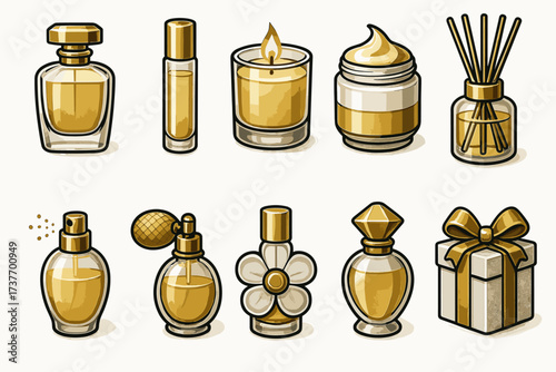 A set in golden brown tones, representing perfumes and aromatic products.
