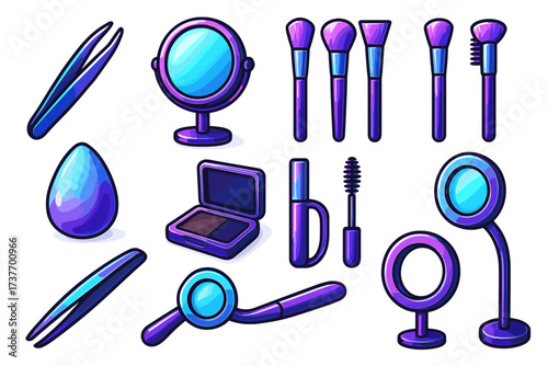A set of icons in pink and blue colors representing cosmetics and makeup tools.