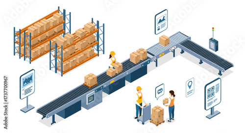 Isometric warehouse automation conveyor system with workers and storage racks