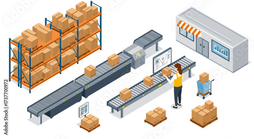 Isometric warehouse automation with conveyor belts and packing stations
