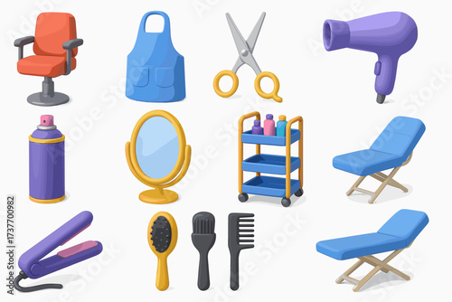 A set of colorful 2D icons representing tools and equipment for a beauty salon or barbershop.