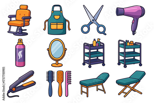 A set of colorful 2D icons representing tools and equipment for a beauty salon or barbershop.