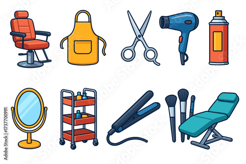 A set of colorful 2D icons representing tools and equipment for a beauty salon or barbershop.