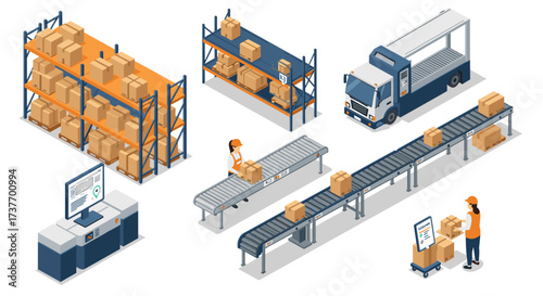 Modern isometric warehouse logistics with conveyor belts and delivery truck