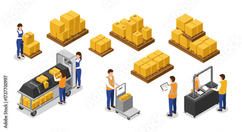 Isometric warehouse logistics with workers handling boxes and conveyor belts