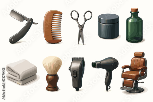 A set of icons related to hairdressing and beauty treatments. Everything is stylized in a realistic design with a predominance of dark and neutral tones on a white background.