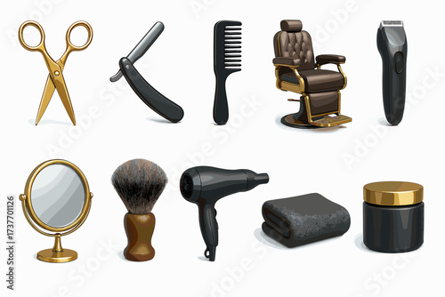 10 stylized icons related to hairdressing and personal care, rendered in black, gold, and brown tones.