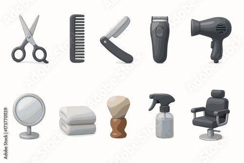 A set of icons related to personal care and hairdressing services. Everything is stylized in gray tones with a minimalist design on a white background.