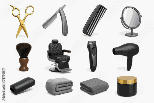 A set of 3D icons related to personal care and hairdressing services. Everything is stylized in gray tones with a minimalist design on a white background.
