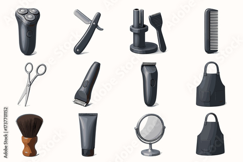 A set of 3D icons related to personal care and hairdressing services. Everything is stylized in gray tones with a minimalist design on a white background.