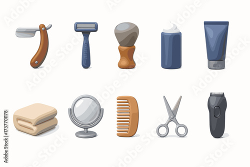A set of colorful 3D icons representing hair and face care tools and products typically found in a hair salon or barbershop.