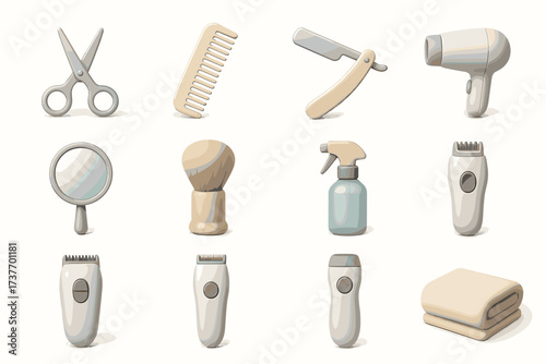 A set of colorful 3D icons representing hair and face care tools and products typically found in a hair salon or barbershop.
