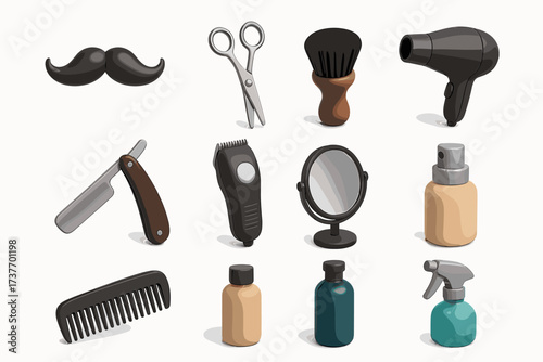 A set of 3D icons representing hair and face care tools and products typically found in a hair salon or barbershop.