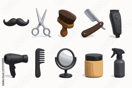 A set of 3D icons representing hair and face care tools and products typically found in a hair salon or barbershop.