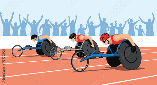 Wheelchair athletes compete in a thrilling race as a crowd cheers them on to victory.