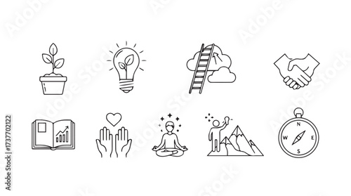 Doodle icons representing growth success motivation business and wellness concepts in a set vector