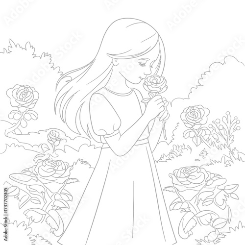 Scalable vector illustration of a young girl smelling roses in a garden silhouette