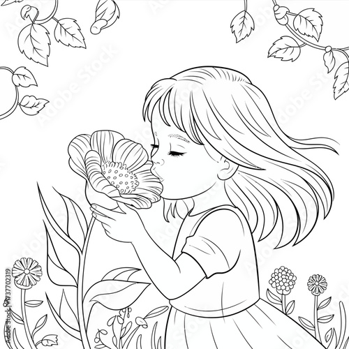 Charming vector illustration of a young girl enjoying nature and flowers scalable graphic art silhouette