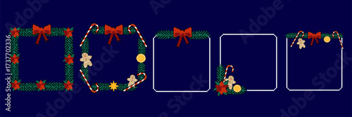 Retro pixel art Festive Christmas frames with candy canes, gingerbread, and bows on dark blue background