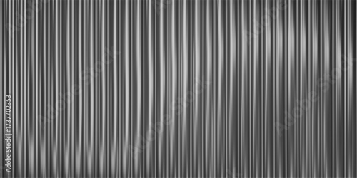 Black ribbed glass background with effect texture in 3D gradient and line crystal light. Abstract pattern in vertical panel with transparent prism wave. Vector frosted design.