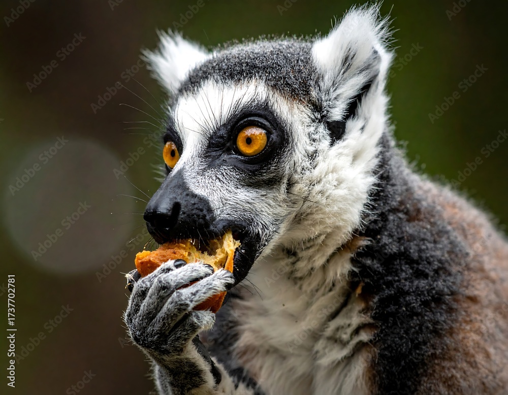 Fototapeta premium Ring-tailed Lemur Eating a Piece of Bread.