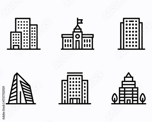 Collection of Architectural Line Icons Presenting Different Buildings Including Skyscrapers Modern Structures and Civic Buildings for Urban Planning and Design Projects