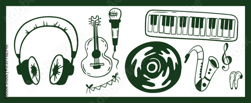 Set of flat illustrations of musical instruments, headphones, microphones, tape recorder, gramophone and radio in cartoon, hand-drawn style