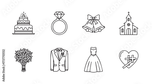 Charming hand-drawn wedding icons featuring cake rings bells church bride groom and bouquet vector