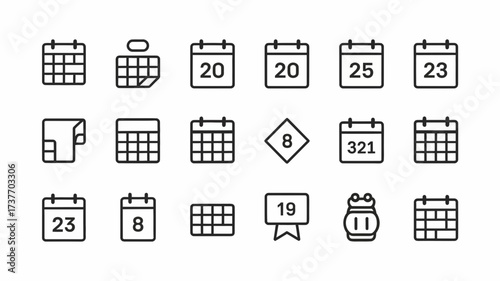 Set of scalable vector calendar icons for various dates and concepts in clean black outline style silhouette