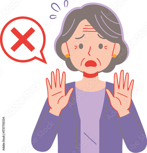 Elderly woman expressing denial or disapproval with a red cross symbol.