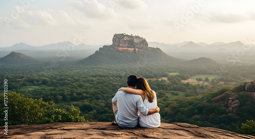 Romantic Getaway A Couple Embracing the Beauty of Nature Under the Warm Golden Sunset in Sri Lanka A Serene Moment of Love and Togetherness at Sigiriya Rock