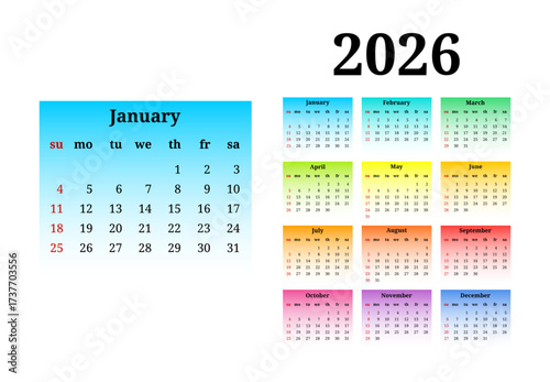 Calendar for 2026 isolated on a white background