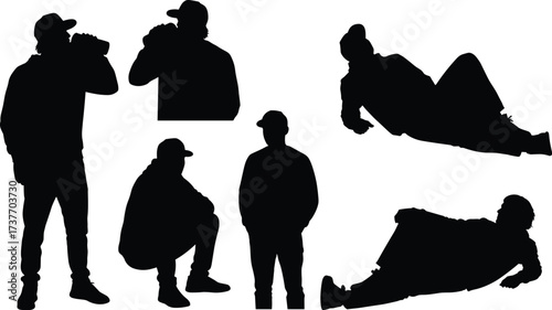 Urban street culture silhouettes — men in caps, posing, sitting, lying down — casual youth lifestyle, hip hop vibe, city life, relaxed attitude, urban fashion.