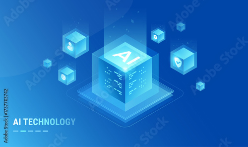 AI in blockchain technology - Artificial intelligence technology for digital transformation - abstract isometric infographics vector illustration