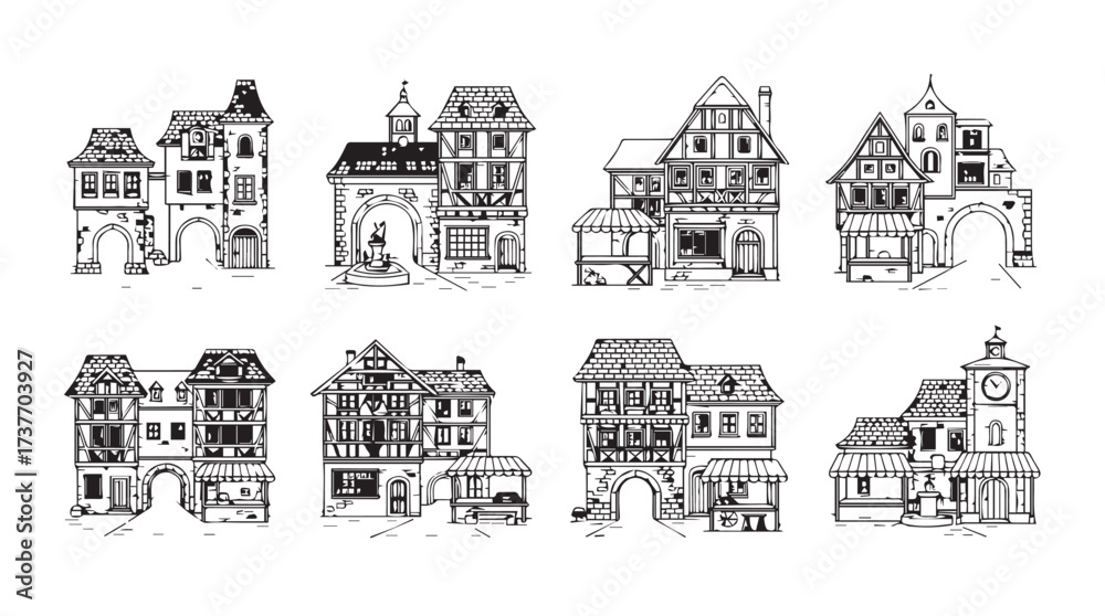 Naklejka premium Collection of hand-drawn sketch buildings facades architectural design elements antique architecture style vector