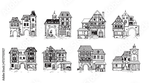 Collection of hand-drawn sketch buildings facades architectural design elements antique architecture style vector