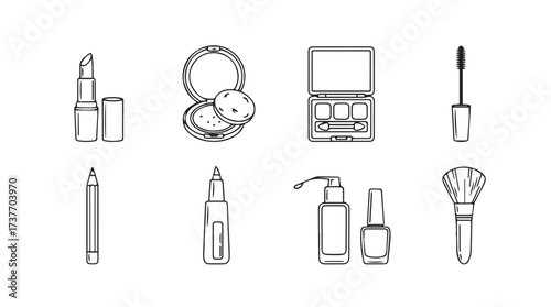 Hand drawn beauty essentials collection featuring lipstick powder eyeshadow mascara and brushes for makeup artistry vector