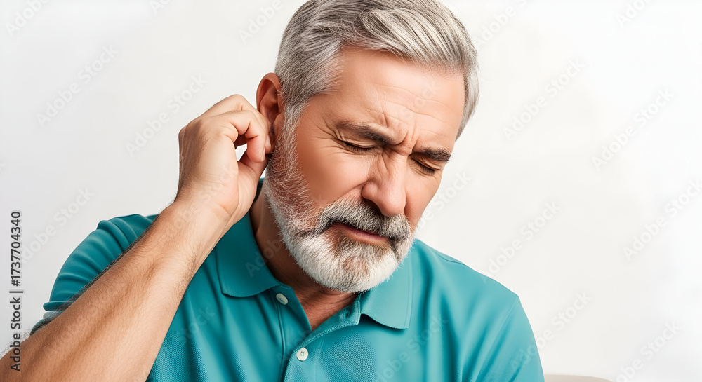 Fototapeta premium Senior Man Experiencing Ear Pain Earache Discomfort Infection Hearing Loss Health Issues Medical Condition Healthcare Problem Suffering Audiology Painful Vertigo Therapy Treatment