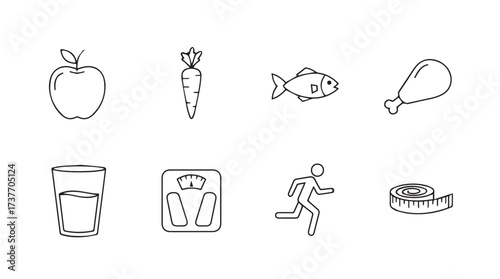 Hand drawn icons representing healthy lifestyle diet fitness and nutrition concepts vector