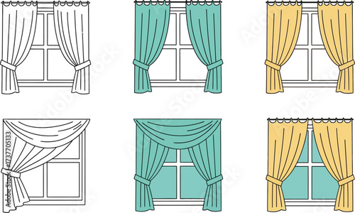 Set of stylized window curtains in different colors and draping styles