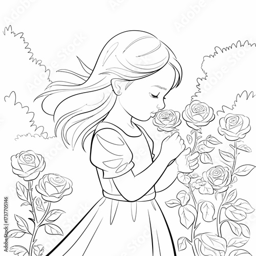 Vector illustration of a young girl smelling roses delicate line art scalable for various uses silhouette