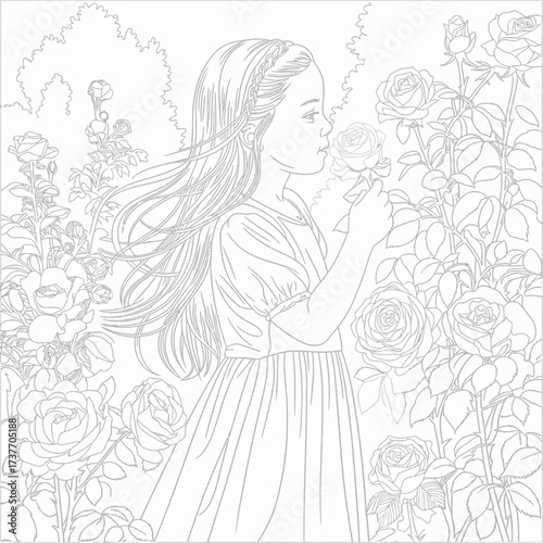 Vector line art illustration of a young girl enjoying roses in a garden scalable graphic silhouette