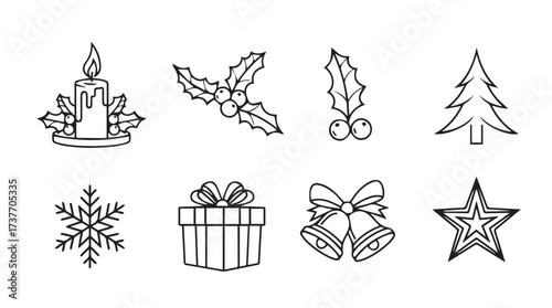 Hand drawn christmas icons collection festive decorations candle holly tree snowflake gift bells star set vector
