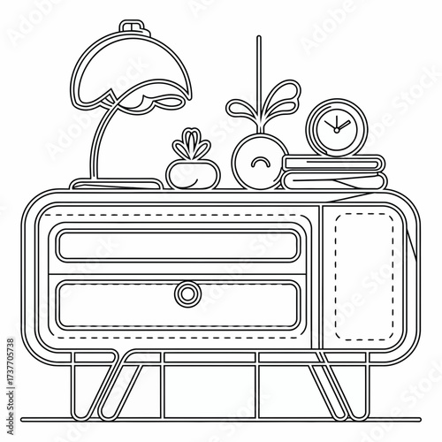 Vector illustration of a nightstand with lamp plants and clock scalable and versatile for design projects silhouette