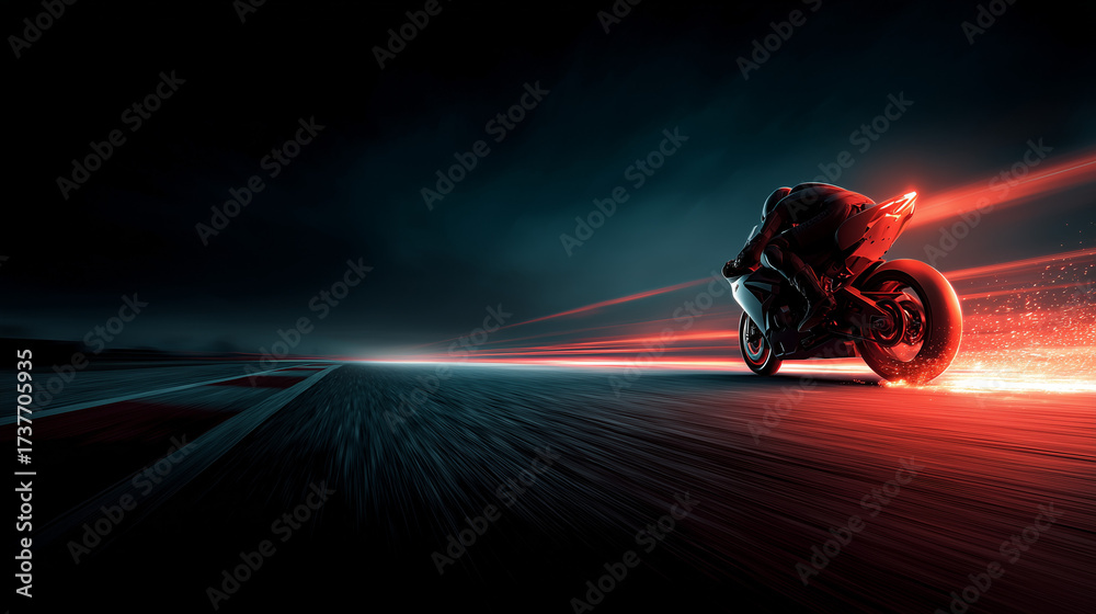 Obraz premium Futuristic Motorcycle Speeding on Highway at Night with Neon Light Trails 